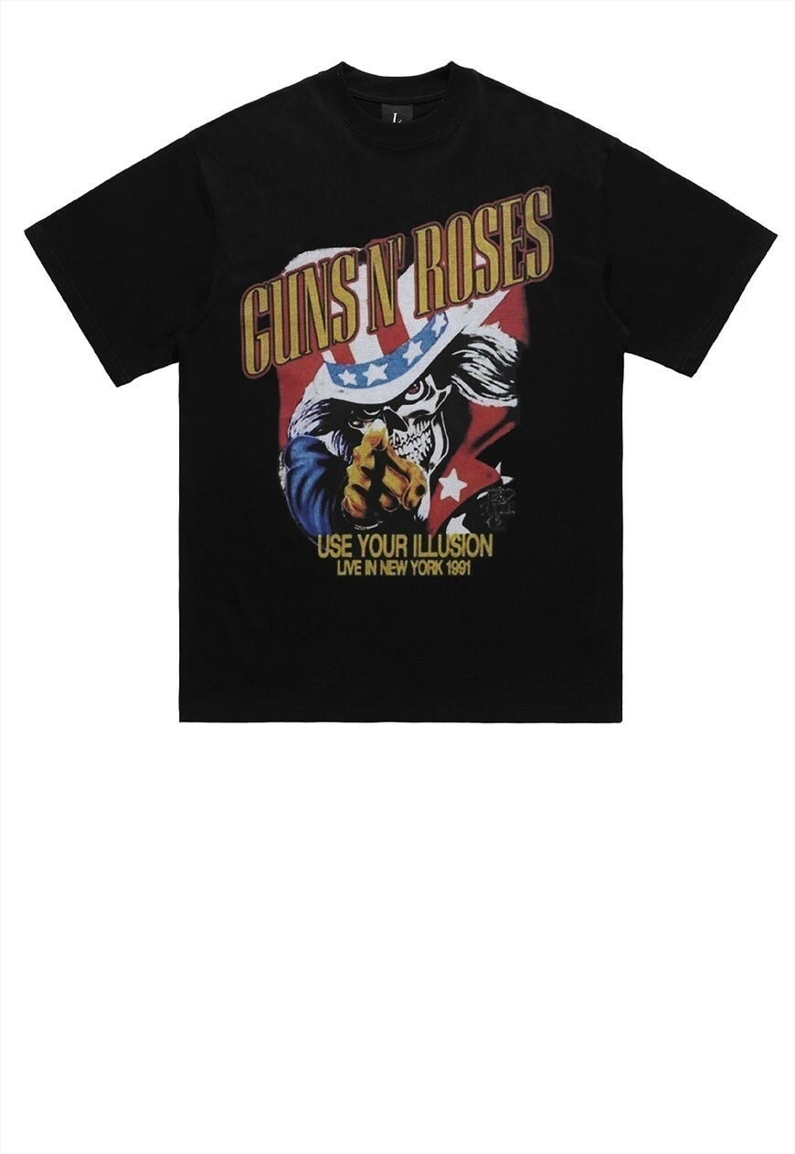 America print t-shirt guns and roses tee rocker top in black