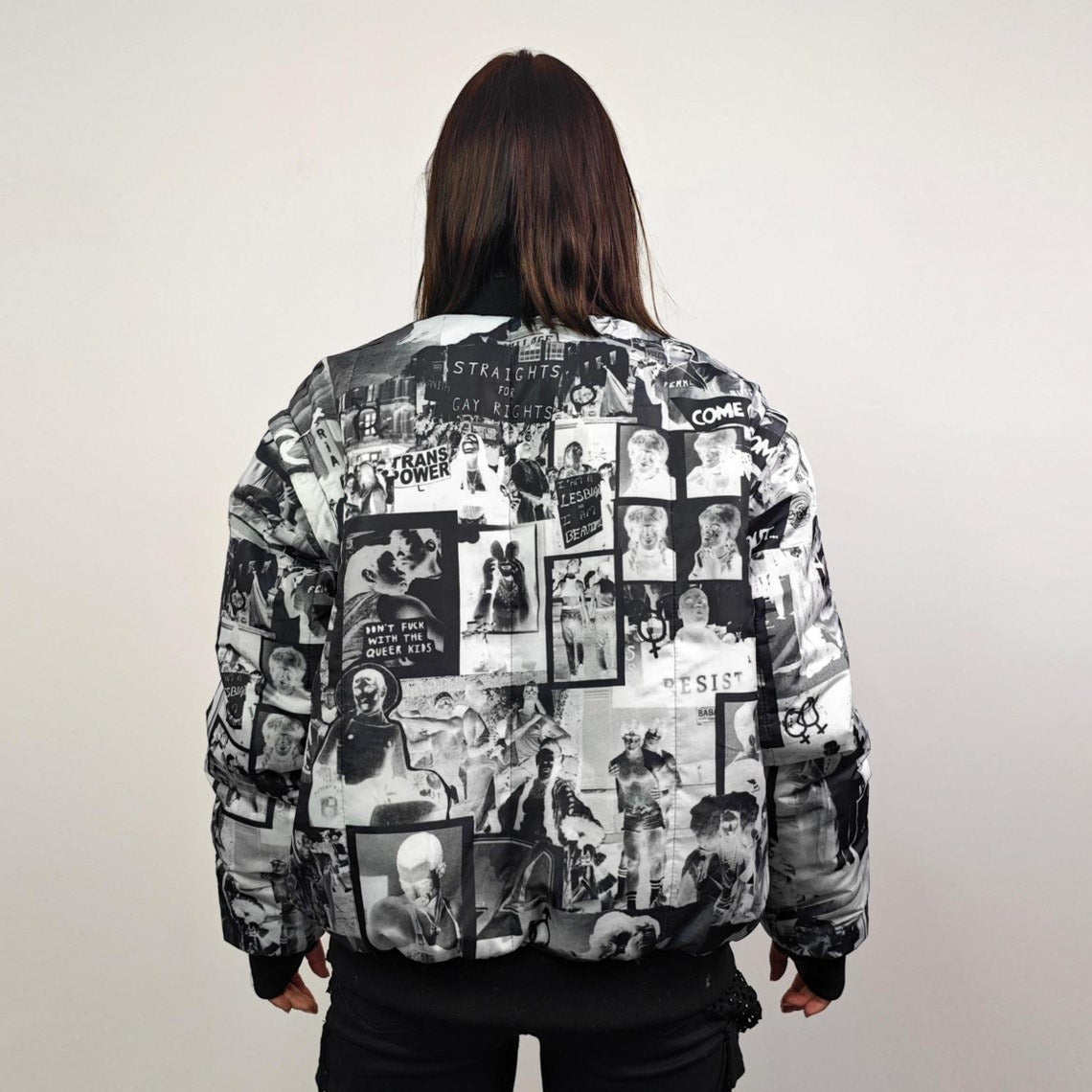 Gay bomber LGBT community print jacket lesbian reversible trans college varsity detachable sleeves handmade queer print raver coat