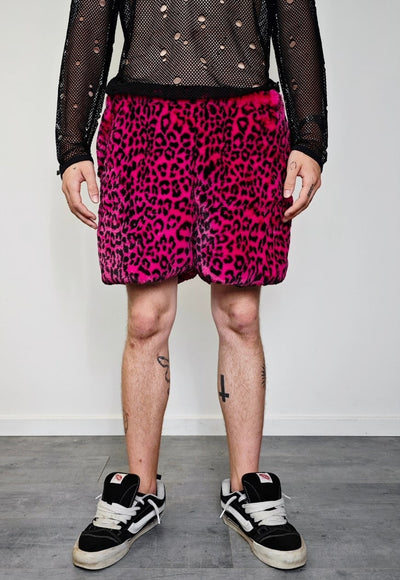 Faux fur leopard shorts pink animal print cropped trousers