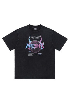 Universe print t-shirt cyber punk tee grunge top in black