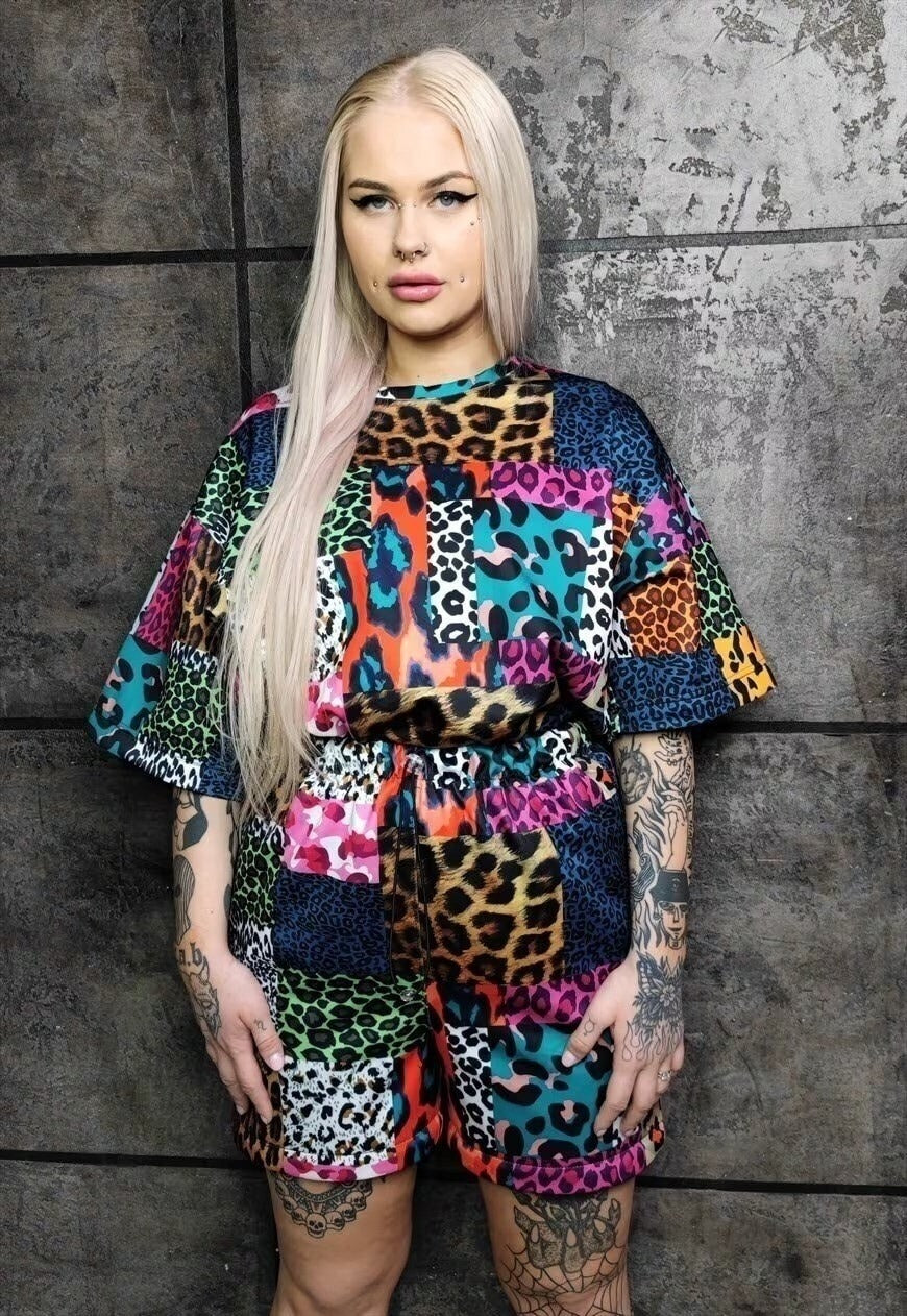 Leopard shorts handmade animal print overalls in blue brown