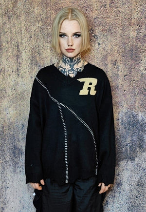 College sweater knitted ripped jumper American top in black