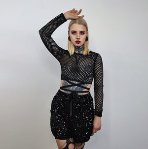 Black sequin shorts glitter pants sparkle elastic waist party trousers glam rock short joggers embellished bottoms in dark metallic