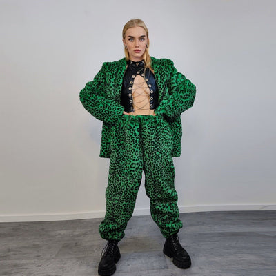 Leopard faux fur joggers winter raver pants fluffy animal print trousers skiing fleece overalls festival bottoms burning man pants in green