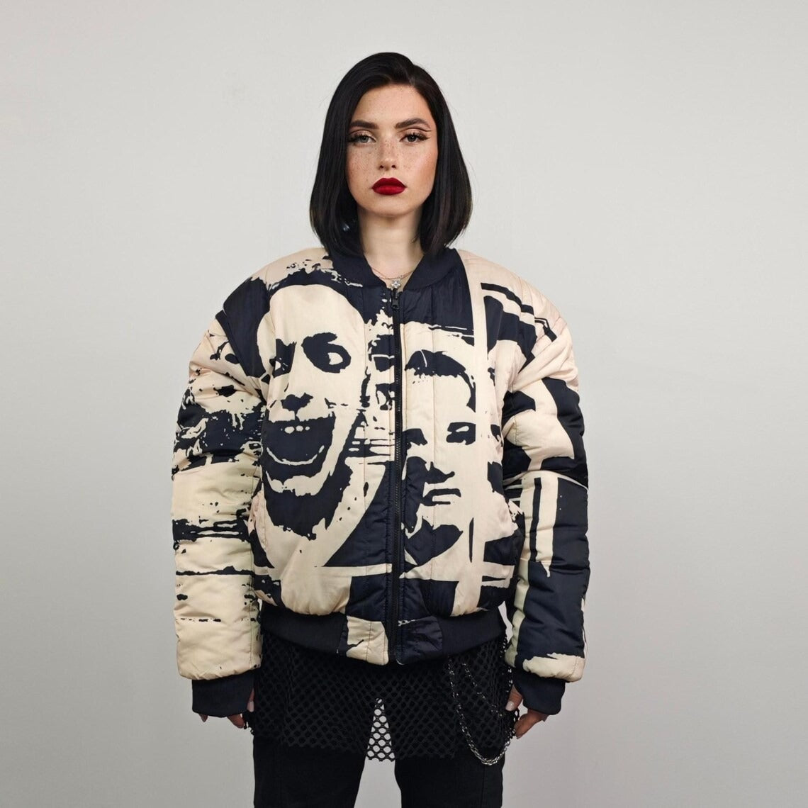 Witch print bomber horror fan jacket scary movie reversible college varsity detachable sleeves handmade Gothic puffer punk rocker coat cream