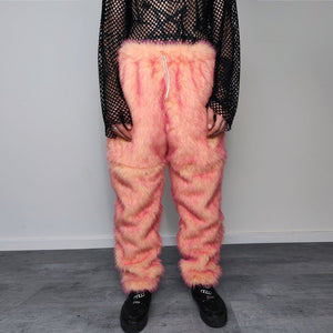 Festival faux fur joggers luminous detachable rave pants handmade fluorescent fleece party shorts premium tie-dye overalls in orange pink