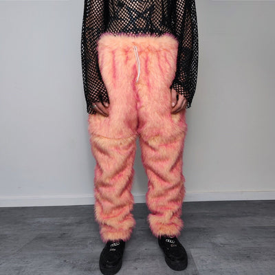 Festival faux fur joggers luminous detachable rave pants handmade fluorescent fleece party shorts premium tie-dye overalls in orange pink