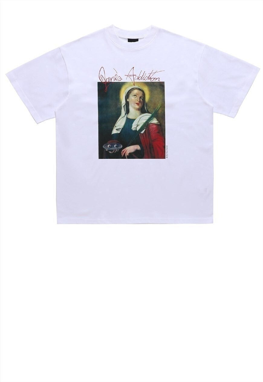 Saint print t-shirt psychedelic tee religion top in white