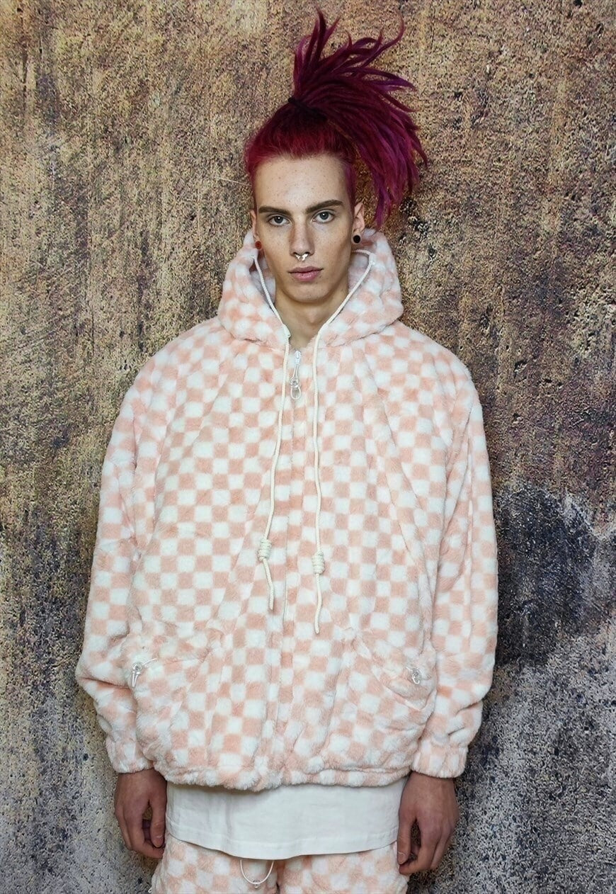 Check fleece hooded jacket handmade fluffy pastel coat pink