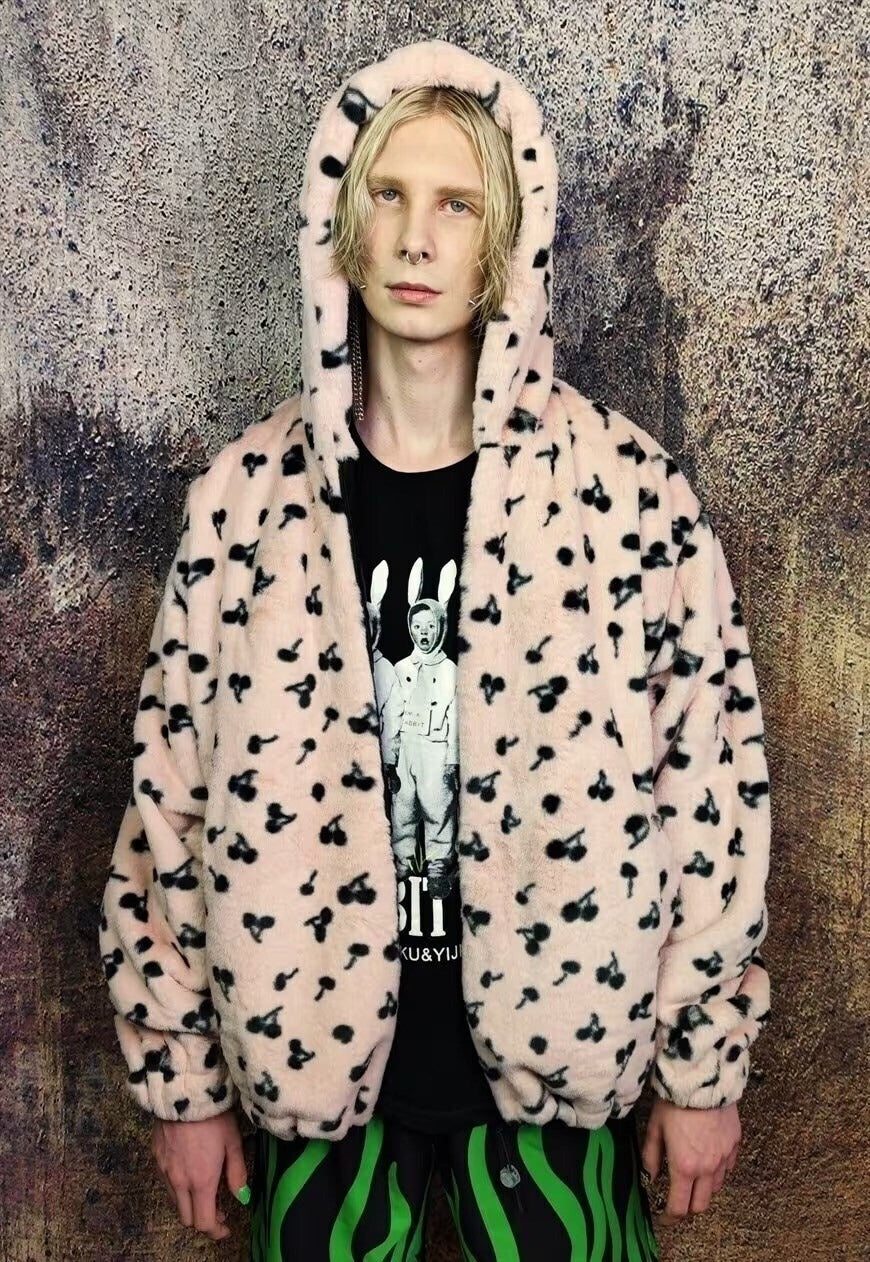 Floral fleece jacket handmade detachable fluffy puffer pink