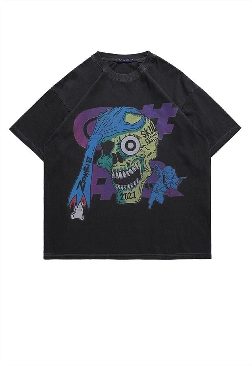 Skeleton print t-shirt skull tee grunge raver top in black