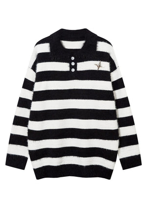 Knitted polo shirt long sleeve striped jumper fluffy top