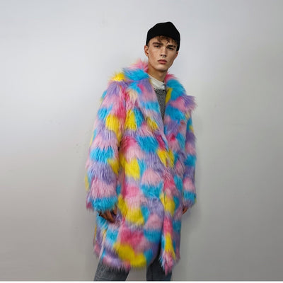 Marshmallow faux fur long coat unicorn trench raver bomber fluffy tie-dye fleece rainbow festival jacket burning man going out coat in pink