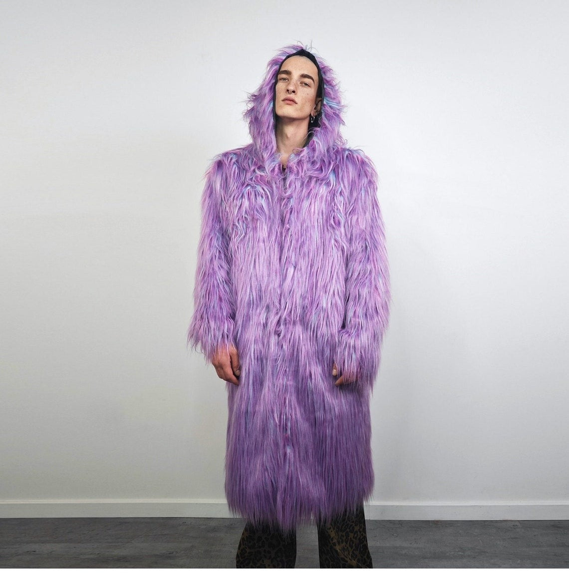 Shaggy purple haze coat hooded lilac jacket Eras tour inspired overcoat long hair fluffy trench neon Lavender bomber raver fleece in violet