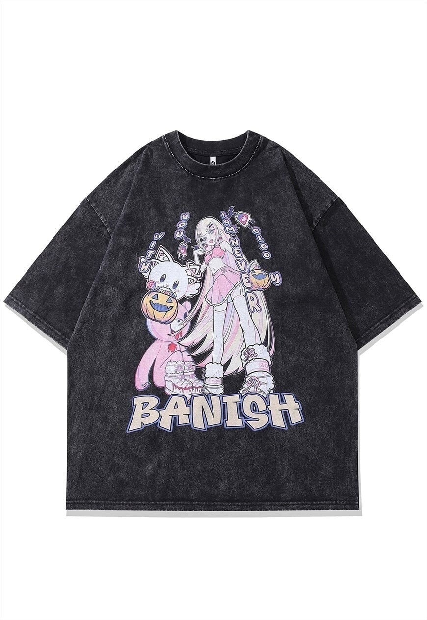 Anime t-shirt Japanese cartoon tee vintage wash top in grey