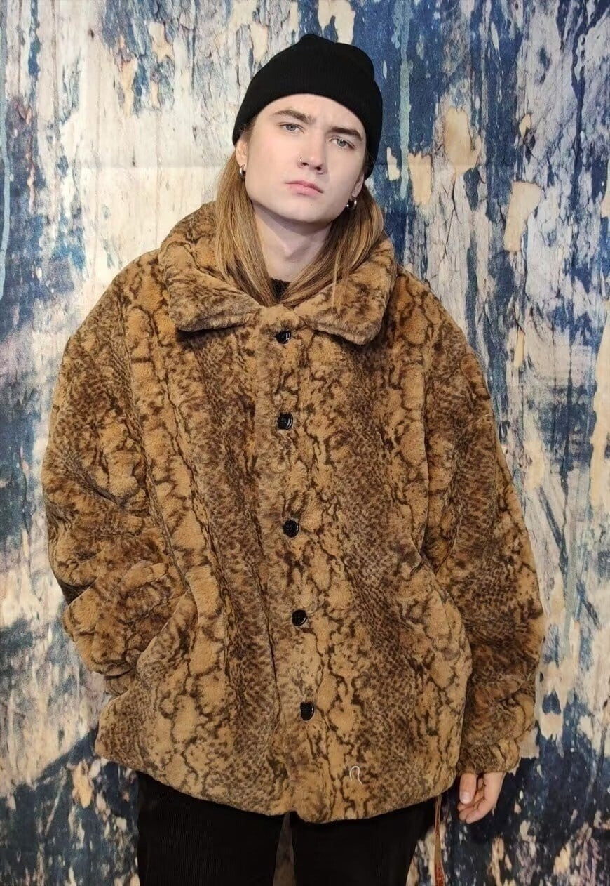 Snake fleece jacket fake fur python aviator bomber in brown