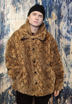 Snake fleece jacket fake fur python aviator bomber in brown