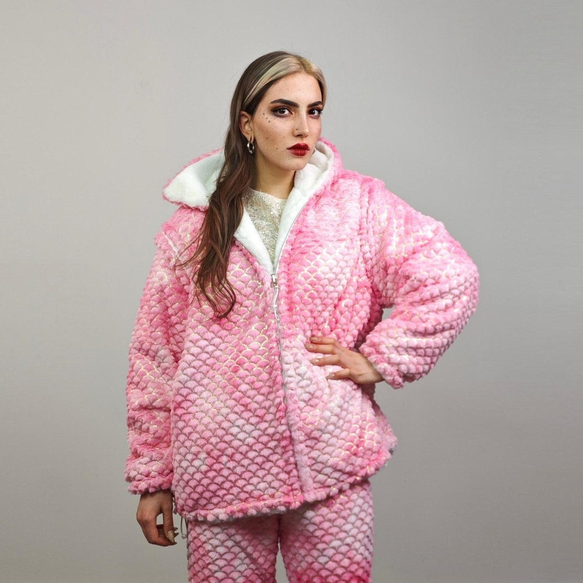 Pink mermaid jacket reversible tiedye fleece hood faux fur bomber retro geometric coat detachable sleeve overcoat fluffy golden festival set