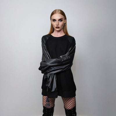 Faux leather sleeves sweatshirt Gothic jumper extreme zipper pullover punk top PU grunge going out rocker sweater in black