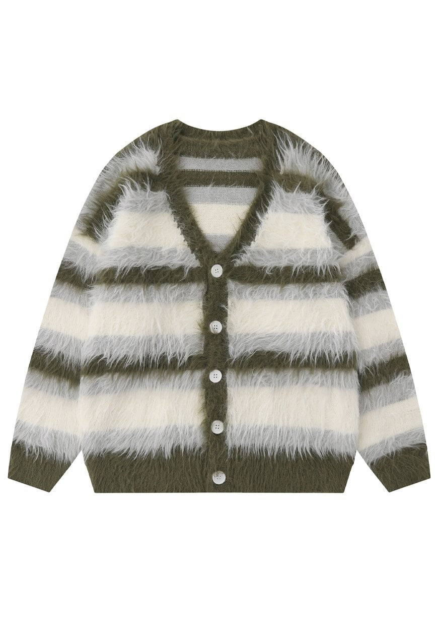 Horizontal stripe cardigan knitted jumper fluffy fleece top