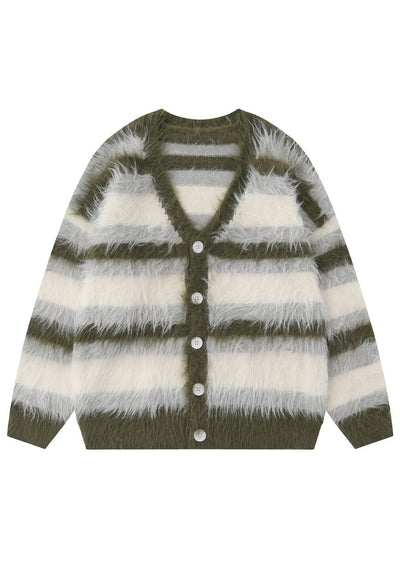 Horizontal stripe cardigan knitted jumper fluffy fleece top