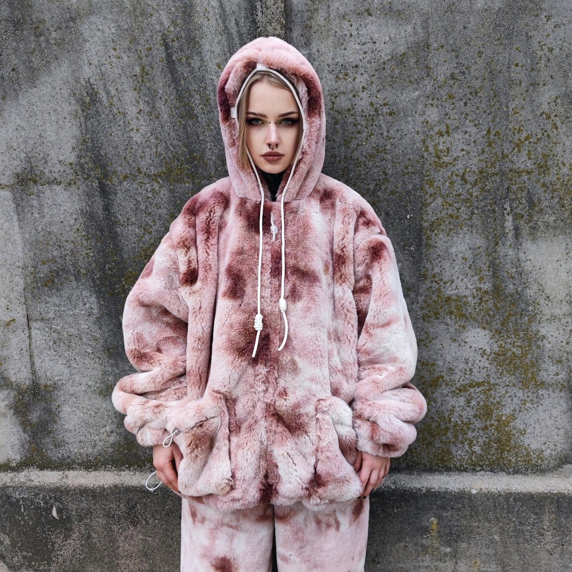 Tie-dye fleece jacket brown hooded gradient bomber luxury fluffy coat detachable sleeves handmade abstract overcoat fuzzy festival set