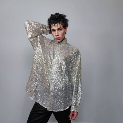 Sequin shirt glitter blouse shiny jumper long sleeve textured top embellished sweat party top button up retro festival top metallic silver