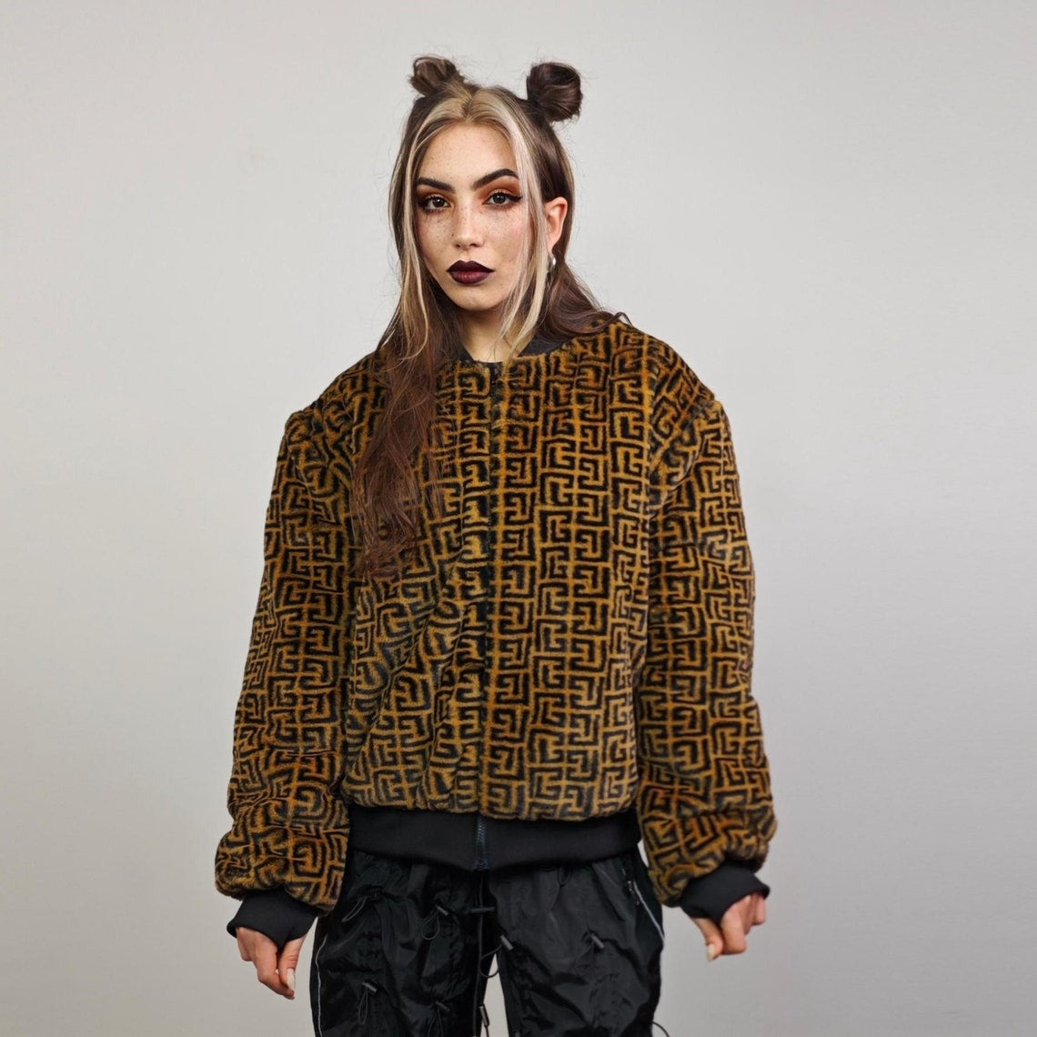 Arabic pattern varsity jacket brown short coat college fleece bomber geometric jacket detachable sleeves zigzag party overcoat festival set