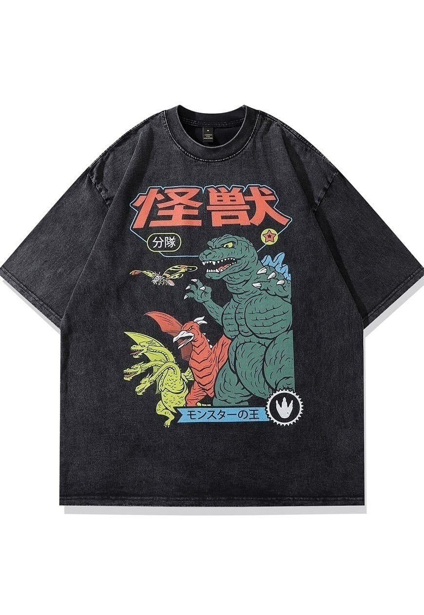 Dinosaur t-shirt old monster tee retro Japanese top in grey