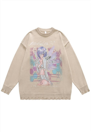 Anime girl sweater Manga knit distressed Kawaii jumper beige