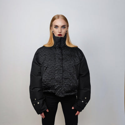 Cropped bomber jacket raised neck puffer quilted high fashion Gothic coat unusual grunge padded textured varsity jacket in black