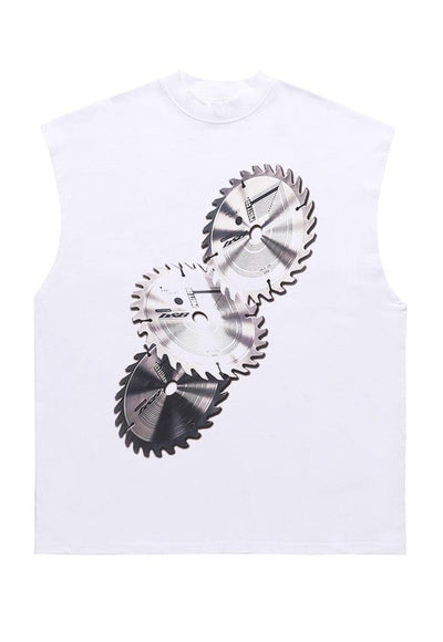 Jigsaw print sleeveless t-shirt retro tank top surfer vest