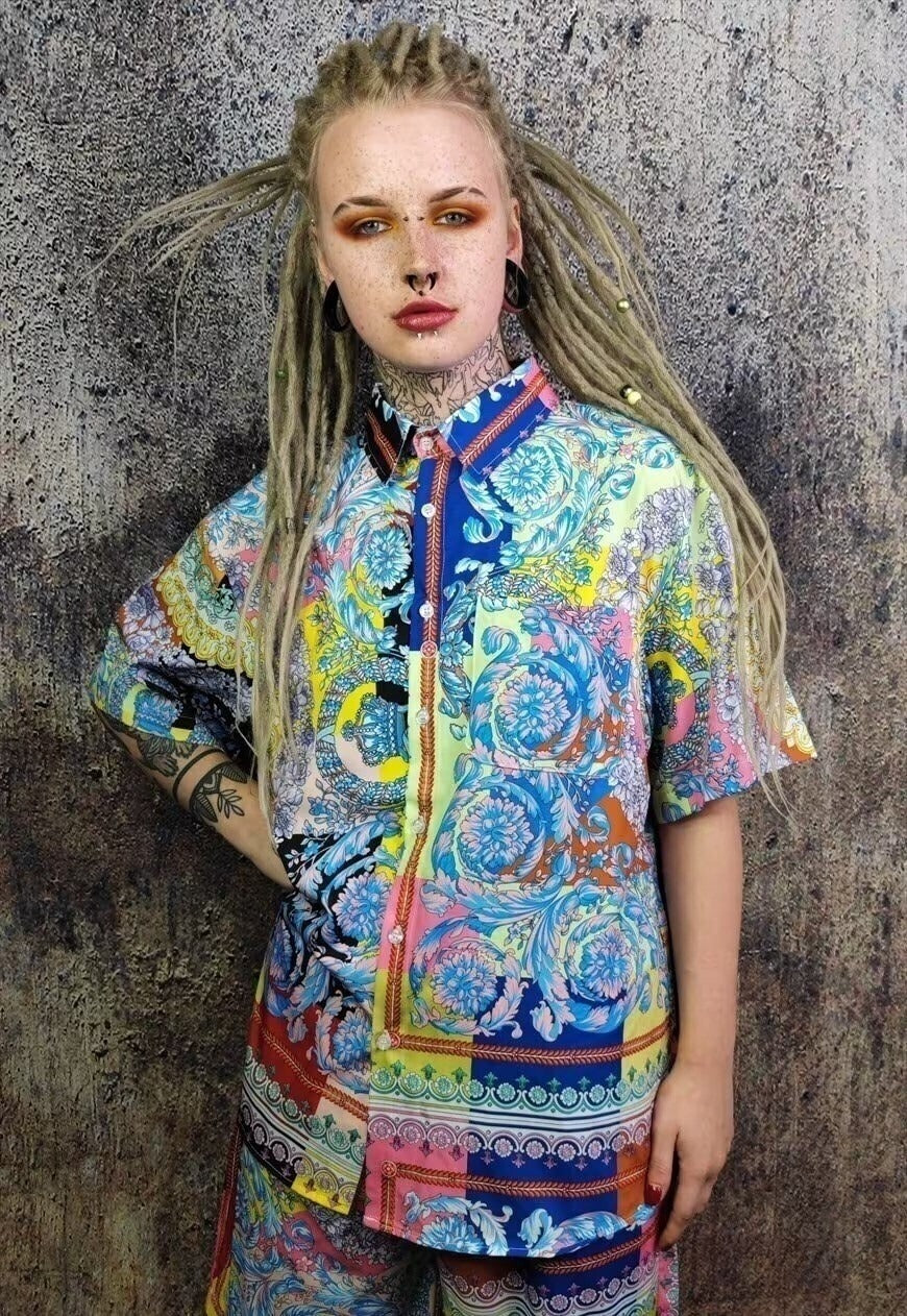 Fluorescent flower shirt rose print short sleeve top yellow