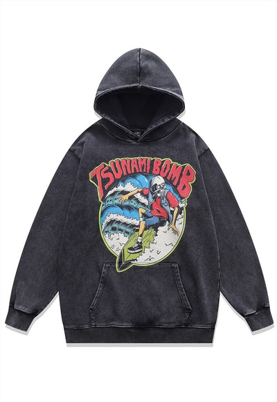 Surfer print hoodie vintage wash pullover skeleton jumper