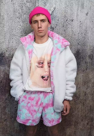 Tie-dye fleece shorts handmade gradient overalls in pink