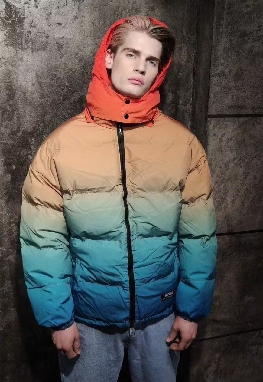 Gradient rainbow bomber tie-dye jacket yellow orange puffer