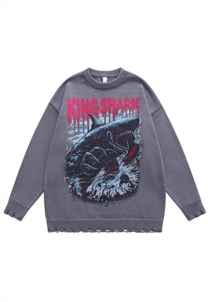 Shark print sweater scary jumper ripped knitted top in grey