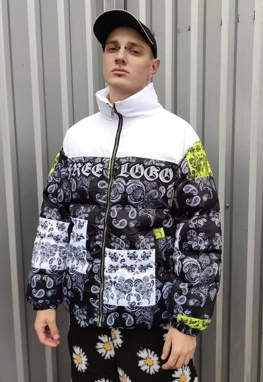 Paisley print bomber bandana puffer jacket in white black