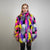 Patch faux fur jacket raised neck coat bright raver bomber fluffy rainbow fleece bright festival track jacket burning man overcoat pink grey