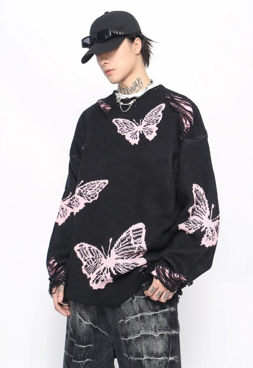 Butterfly sweater black pink ripped gothic jumper grunge top