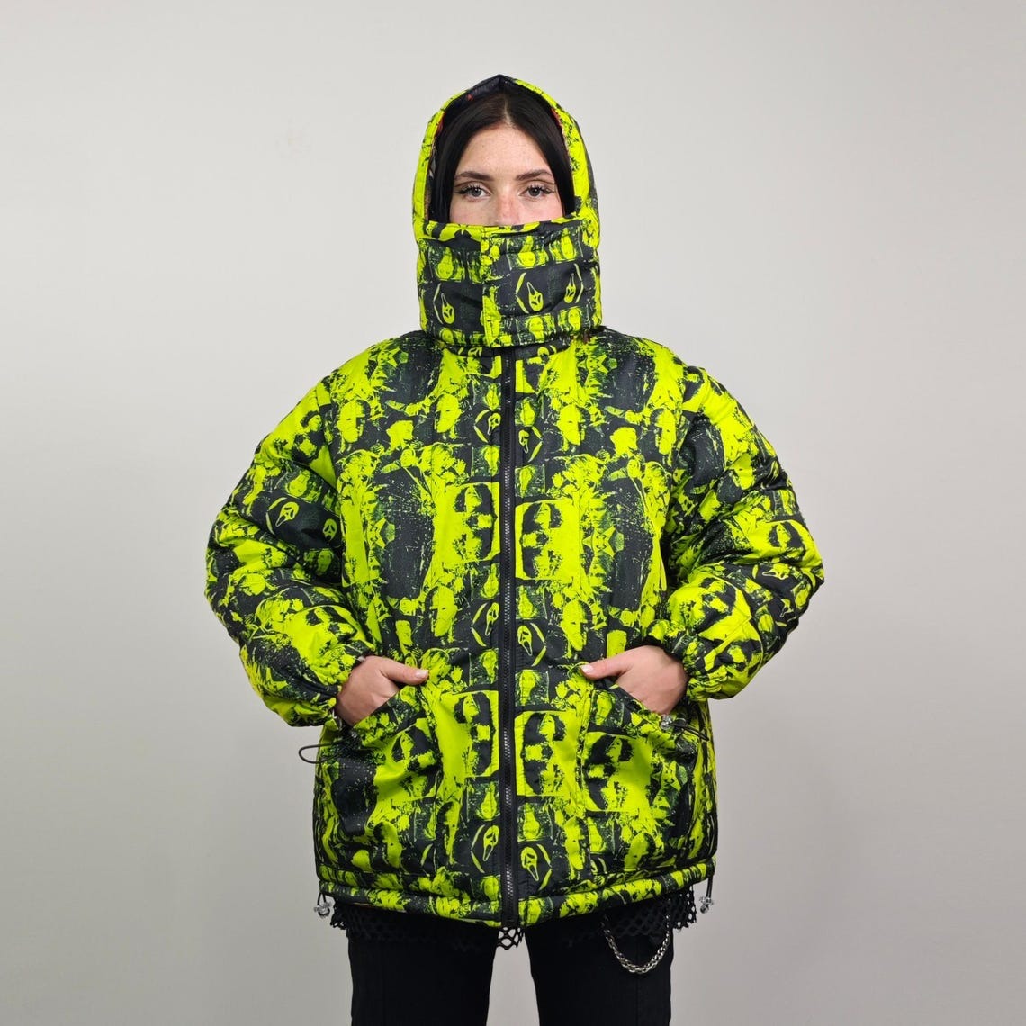 Horror fan jacket creepy print bomber green reversible punk college varsity detachable sleeves handmade gothic puffer hooded festival coat