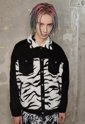 Animal print corduroy jacket zebra fleece patch bomber black