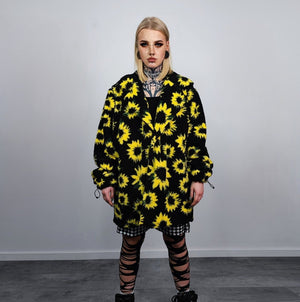 Sunflower fleece coat daisy trench floral pattern overcoat detachable sleeves rave bomber festival party jacket custom peacoat yellow black