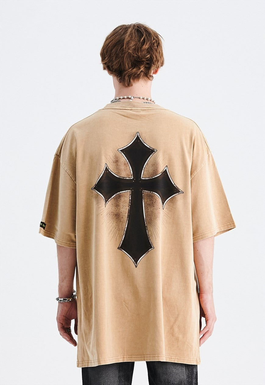 Cross print t-shirt Gothic writing tee grunge punk top brown