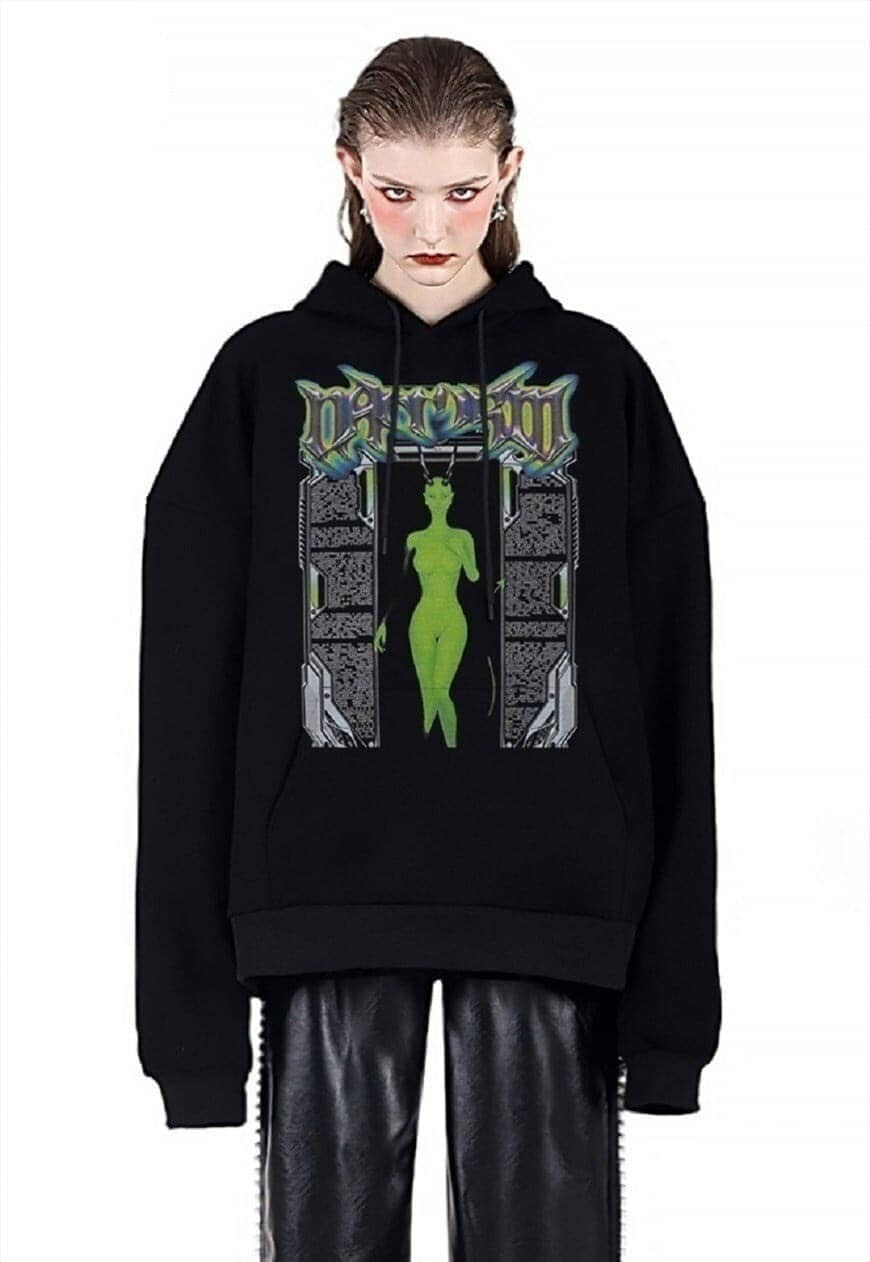 Cyber punk hoodie raver pullover monster horror top in black