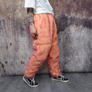 Festival faux fur joggers luminous detachable rave pants handmade fluorescent fleece party shorts premium tie-dye overalls in orange pink