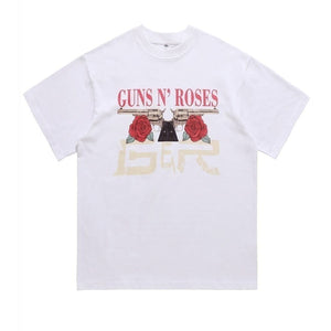 Guns and roses t-shirt retro floral tee rocker top in white