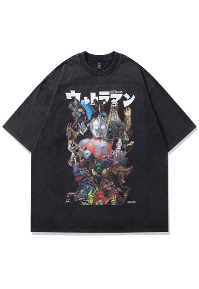 Anime tshirt Ultraman print tee retro robot top vintage grey