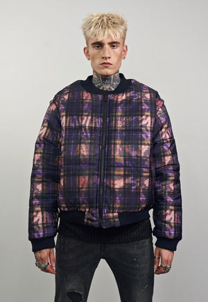 Tie-dye check varsity jacket purple tartan reversible bomber