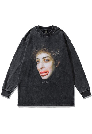 Plastic surgery t-shirt grunge lips print long tee retro top